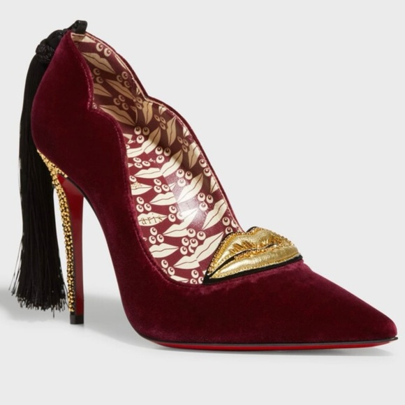 Christian Louboutin Hot Chick Kiss Velvet Burgundy Crystal Heel Pump Tassel Rare - Picture 2 of 13